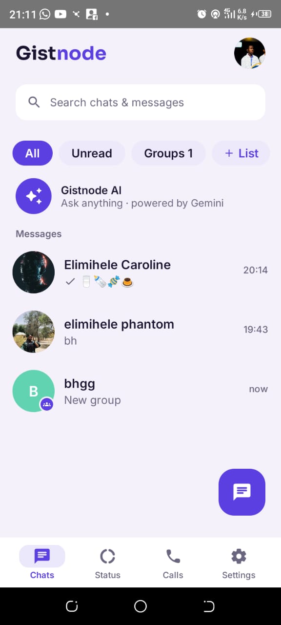 Gistnode chat list screen